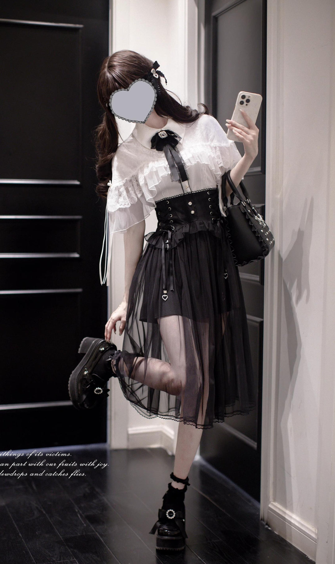 Jirai Kei Cape-Styled Blouse, High-Waist Skirt With Veil Overlay 42919:775525