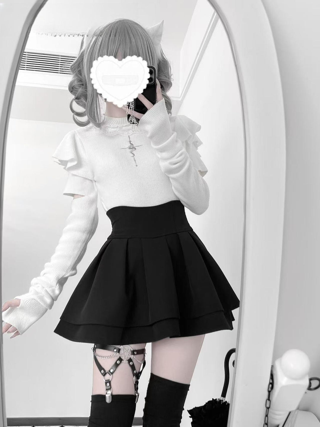 Jirai Kei Sweater With Cross Embroidery And Puffed Sleeves 42780:753026