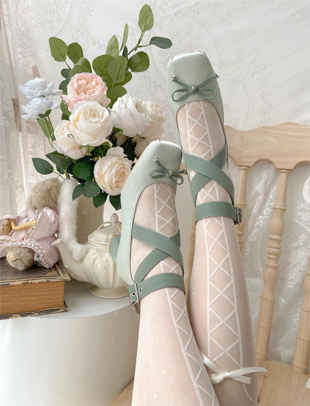 Lolita Shoes Ballet Style Square Toe Bow Heels Shoes 35592:543906