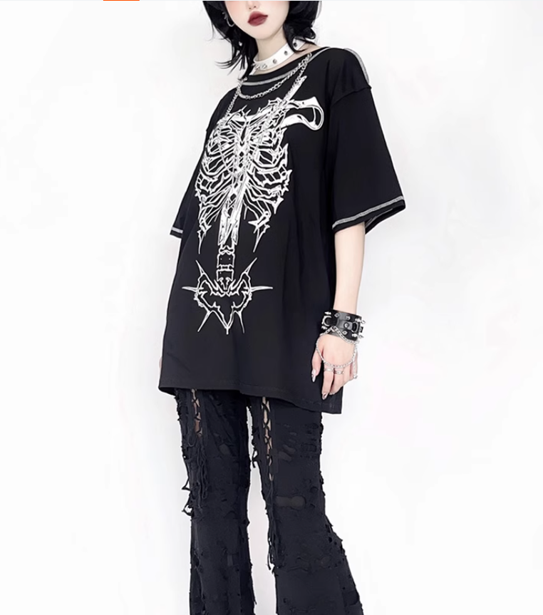Gothic T-shirt Punk Ribbone Print Top Drop-Shoulder Shirt 39132:614772