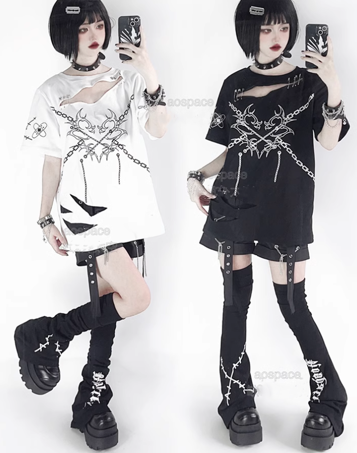 Jirai Kei T-shirt Punk Top With Holes Short-sleeved Top – Honey