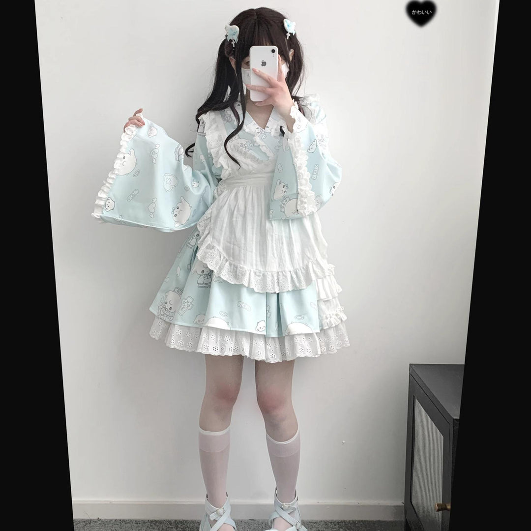 Patchwork Skirt Kimono Top White Apron Three-Piece Set 36786:536804
