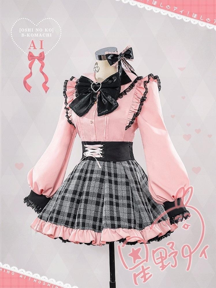 Cosplay Plaid Jirai Kei Skirt And Pink Blouse With Heart-shaped Buttons 42645:749763