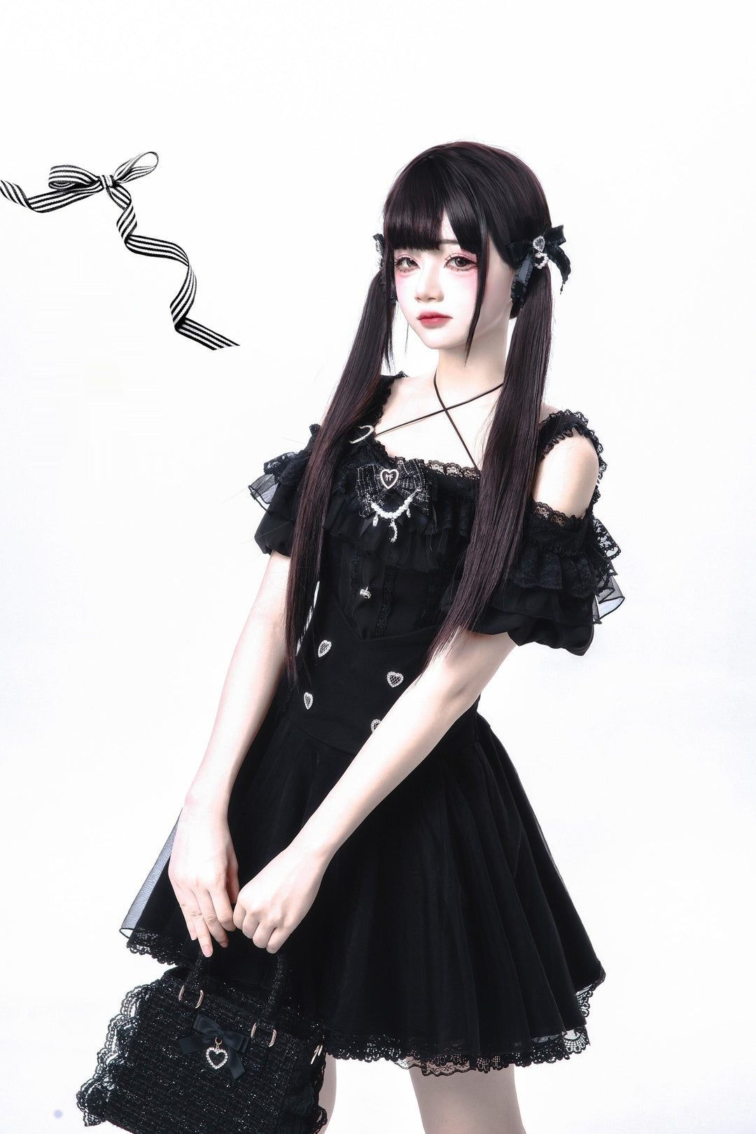 Jirai Kei Skirt Set Open-shoulder Blouse with Heart Bow Tie 42864:755969