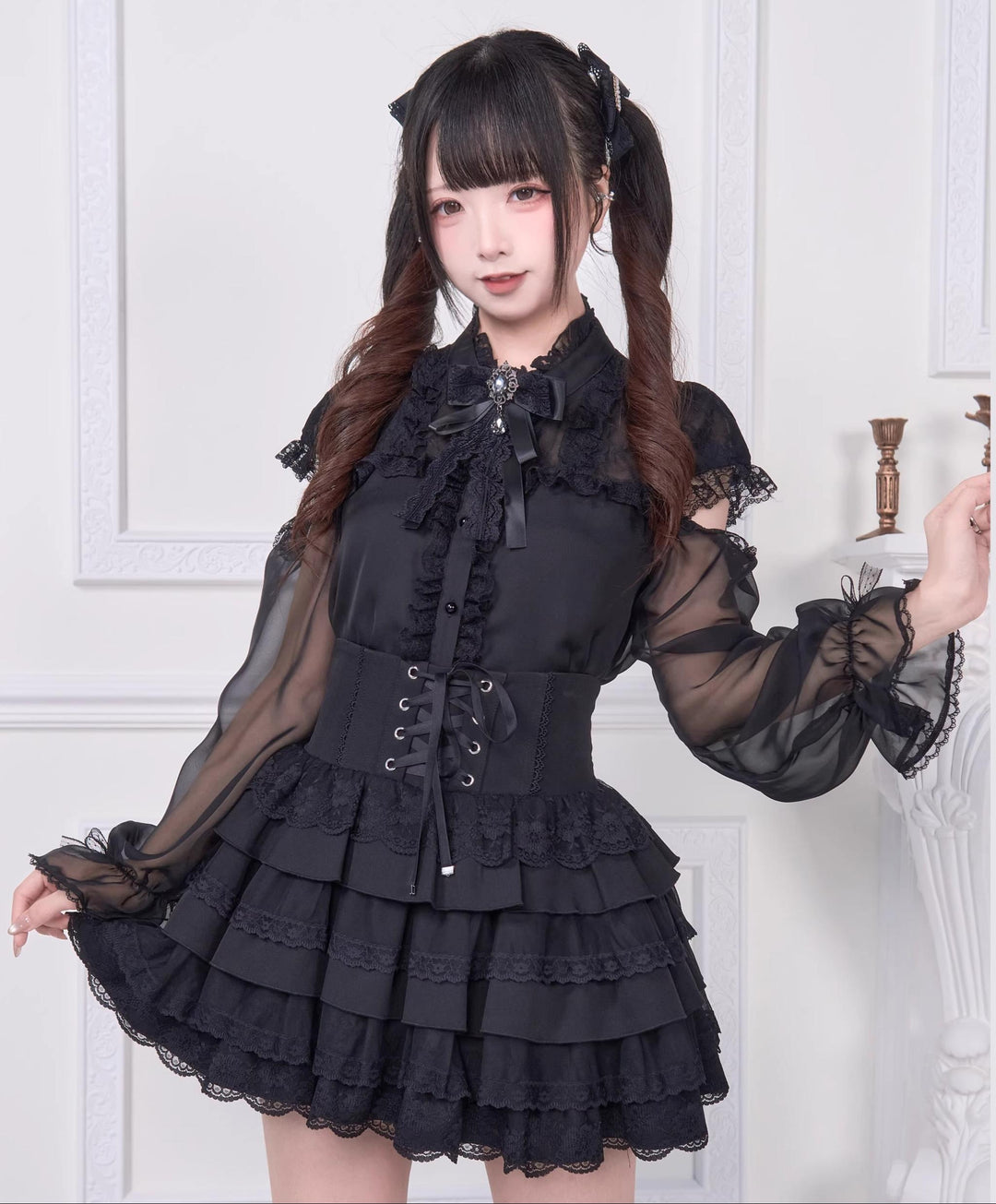 Black / White Open Shoulder Jirai Kei Blouse, Sheer Sleeves (L M) 42850:775046