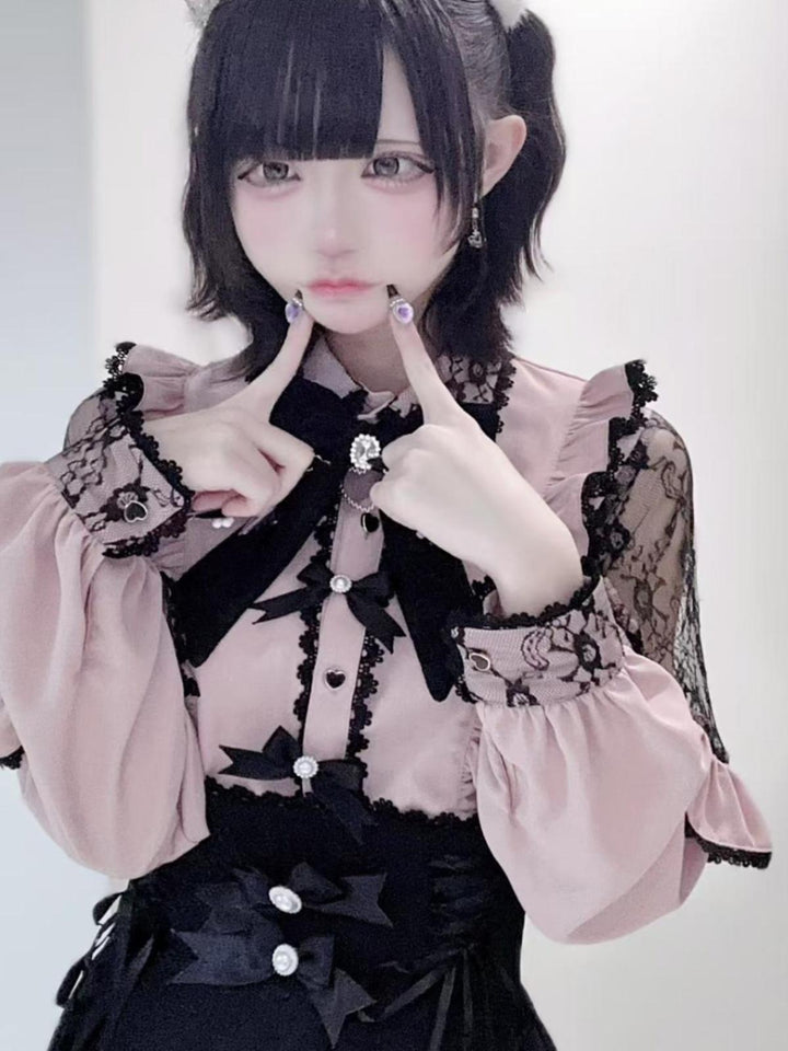 Lace Cut-Out Jirai Kei Blouse + Black Long High-Waist Lace-Up Skirt 41720:723972