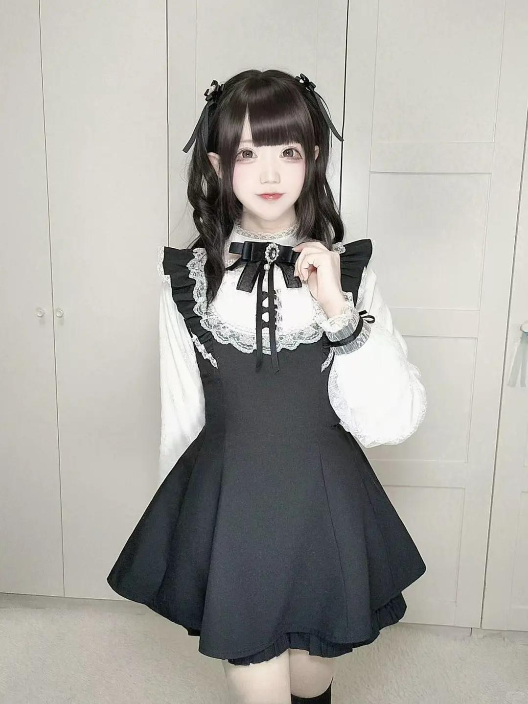 Jirai Kei Long-Sleeve Dress Set with Chest Pearls Bow Detail 42071:731424