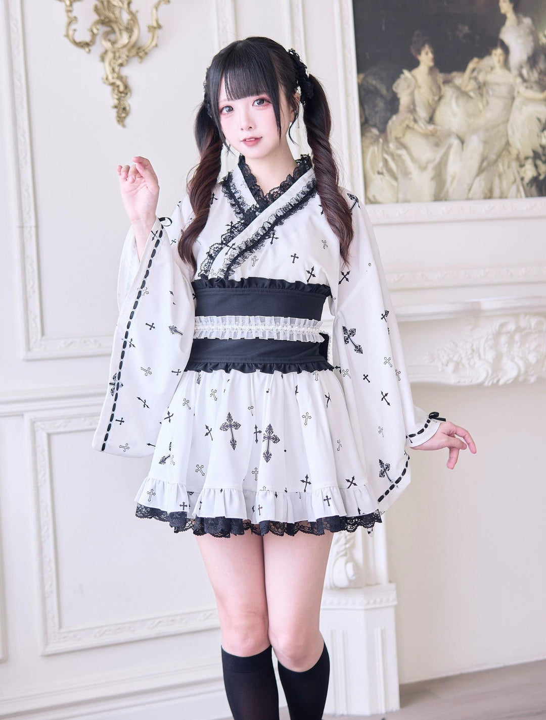 Wa-Style Jirai Kei Kimono Blouse + Ruffle SKirt + Wide Obi Belt 42799:776032