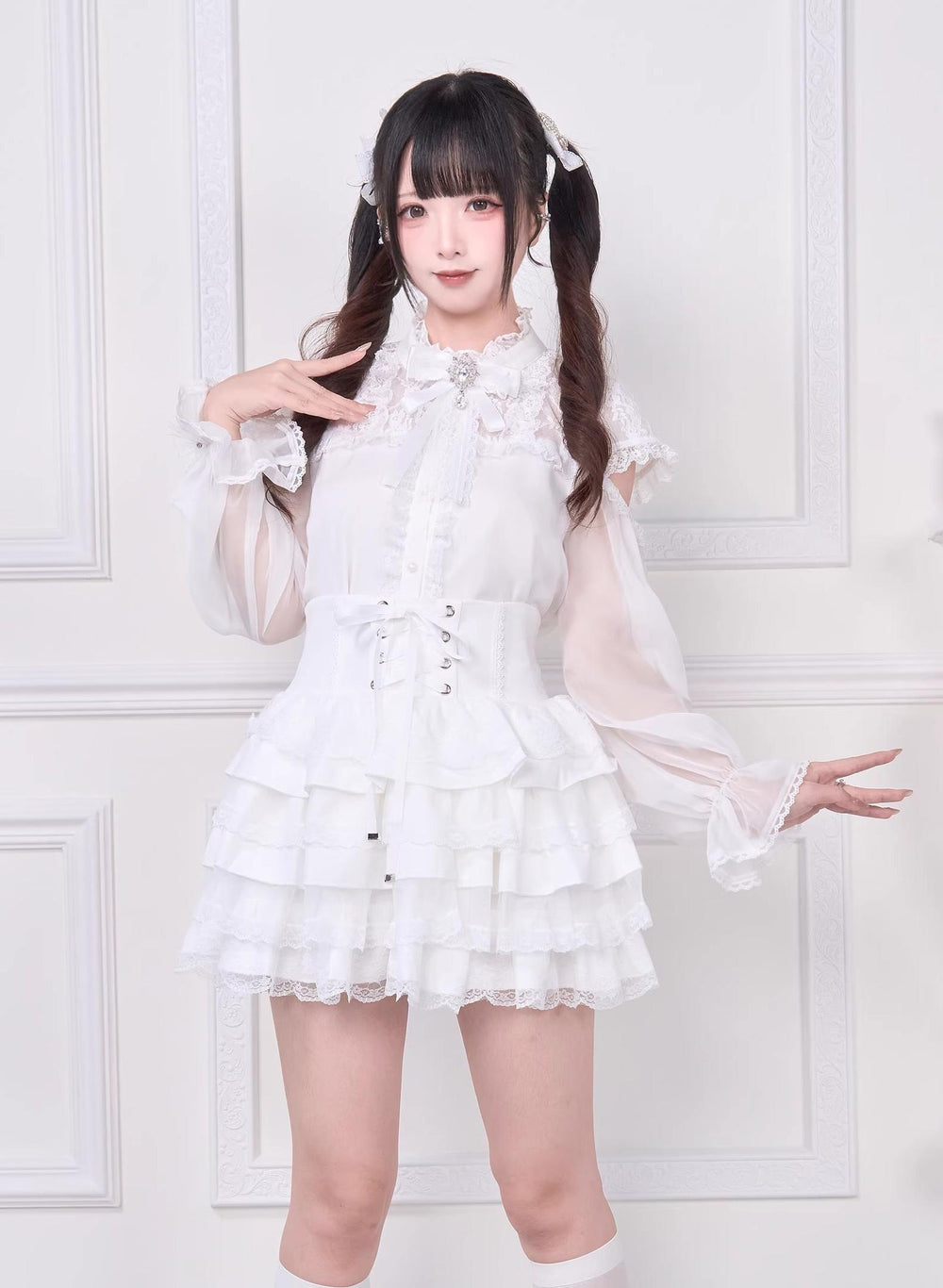Black / White Open Shoulder Jirai Kei Blouse, Sheer Sleeves (L M) 42850:775045