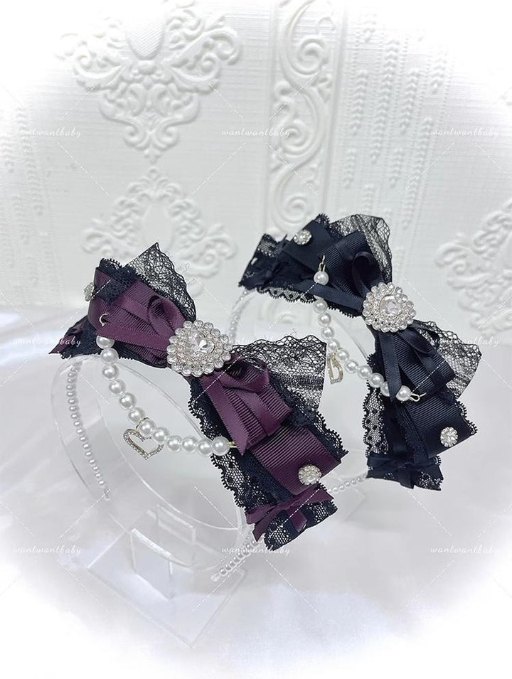 Jirai Kei Pearl Headband, Heart-Shaped Rhinestone & Bow 43296:772577