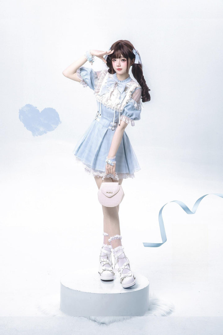Water Blue Jirai Kei Dress with Box Pleated Skirt And Square Rhinestone 42704:750875