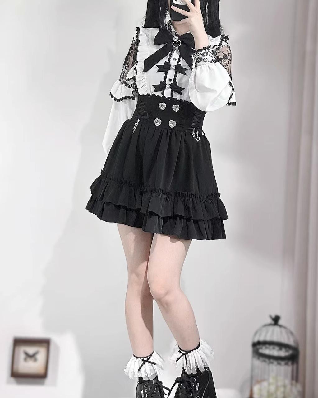 Black Jirai Kei Skirt With Flounce Hem + Heart Rhinestone 42711:752891