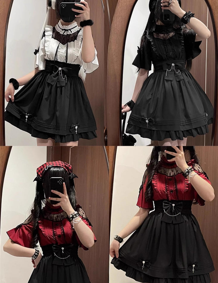 Lace Shoulder Jirai Kei Blouse + High Waist Skirt, Cross Pendant 35596:538256