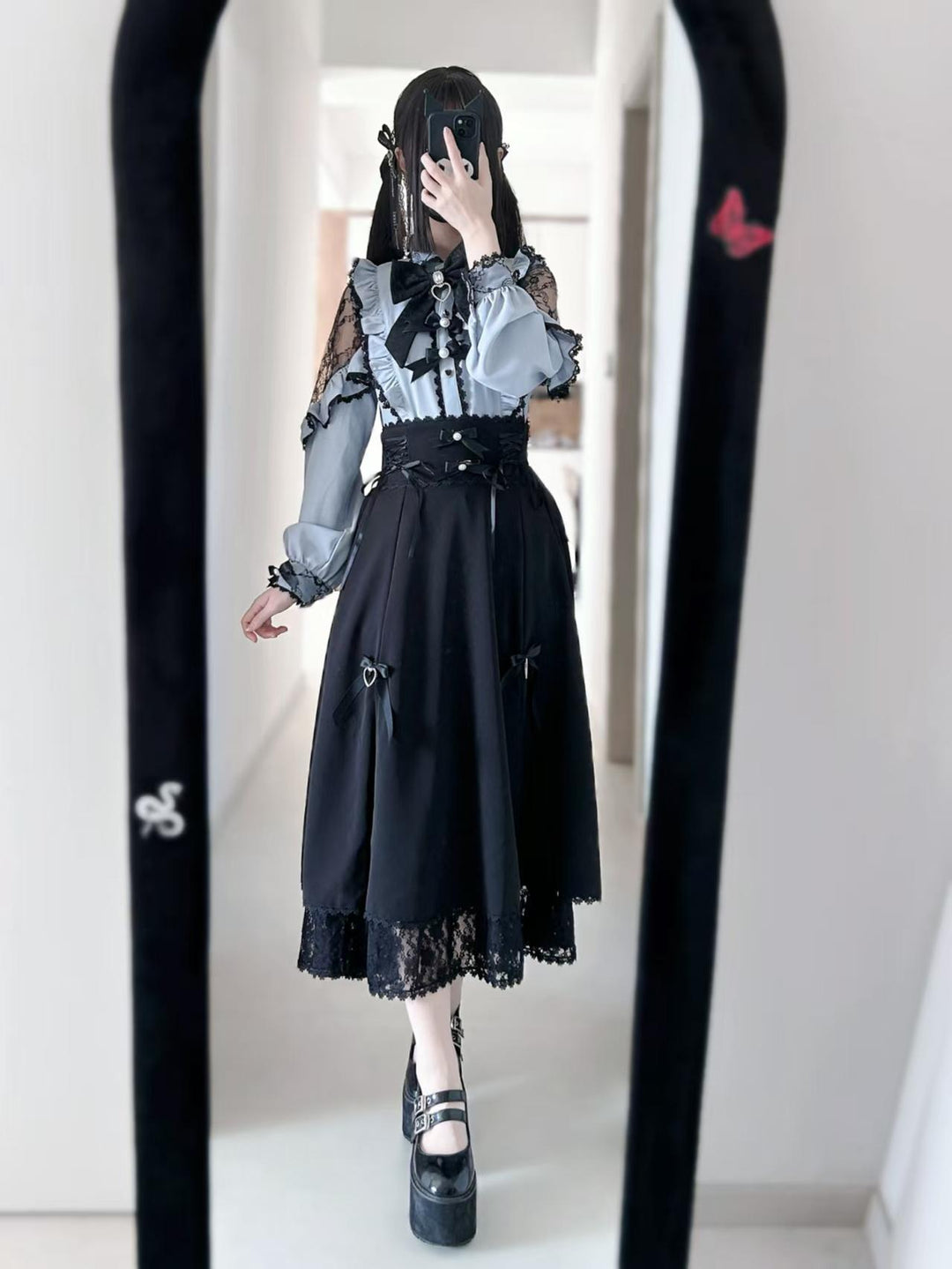 Lace Cut-Out Jirai Kei Blouse + Black Long High-Waist Lace-Up Skirt 41720:723980