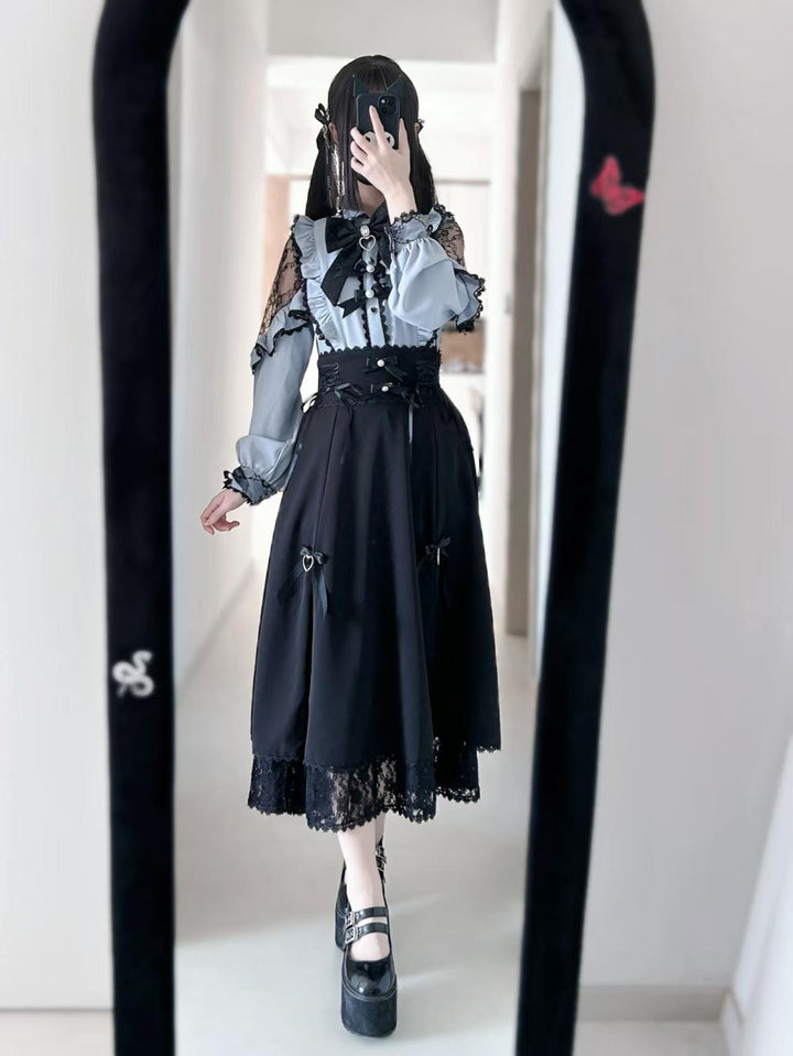Lace Cut-Out Jirai Kei Blouse + Black Long High-Waist Lace-Up Skirt 41720:723980