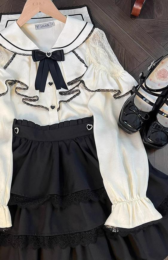 Jirai Kei Sailor Collar Blouse + Tiered Ruffles Skirt 38158:644094