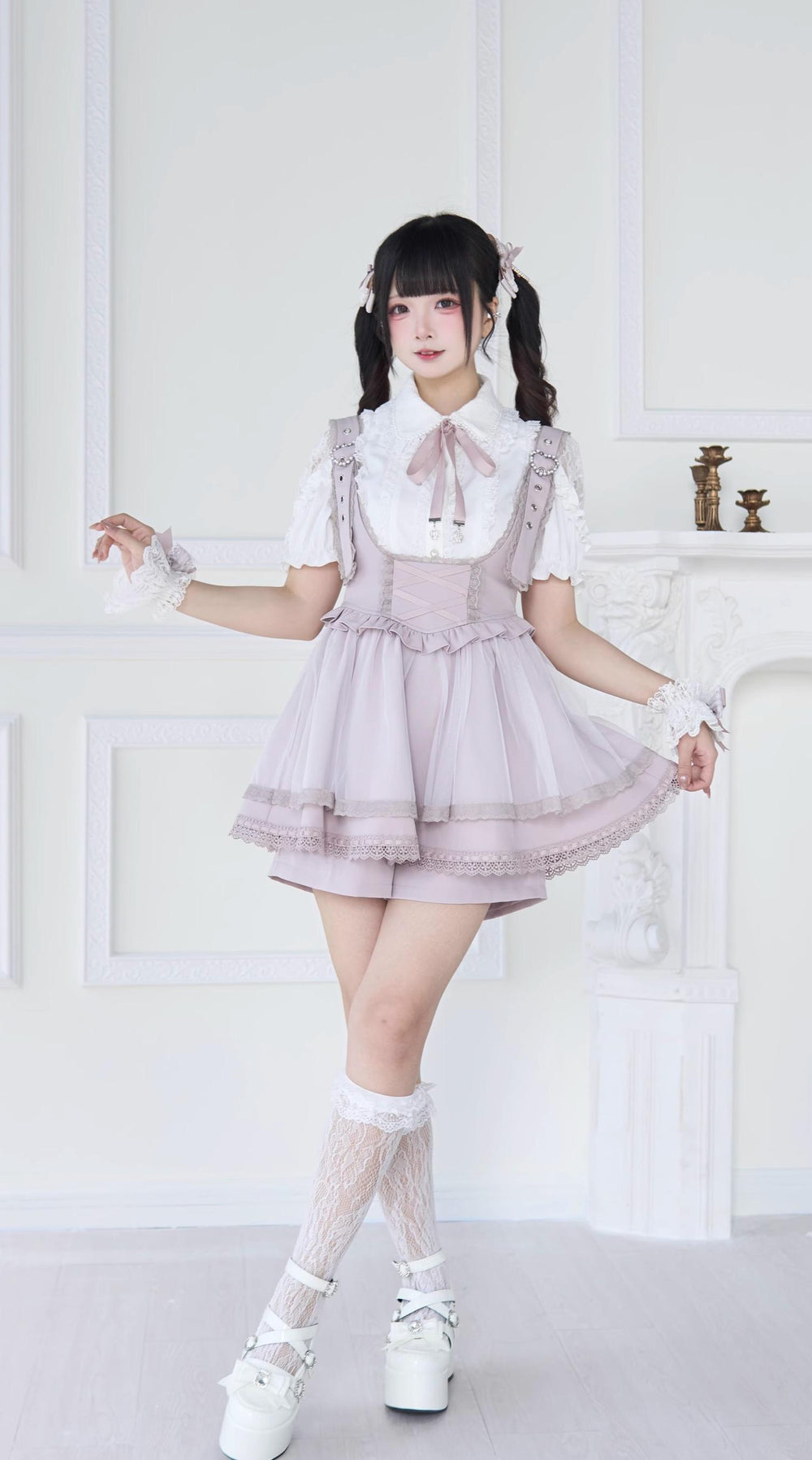 Jirai Kei Skirt Suit Lace Shoulder Blouse & Suspender Skirt 43293:772990
