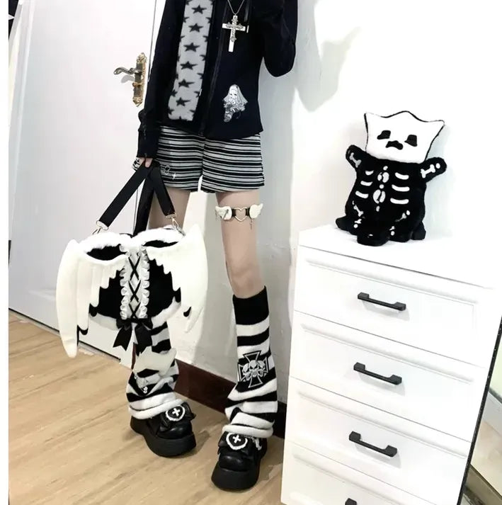 Black & Pink Jirai Kei Plush Bag with Angel Wings 43029:763122
