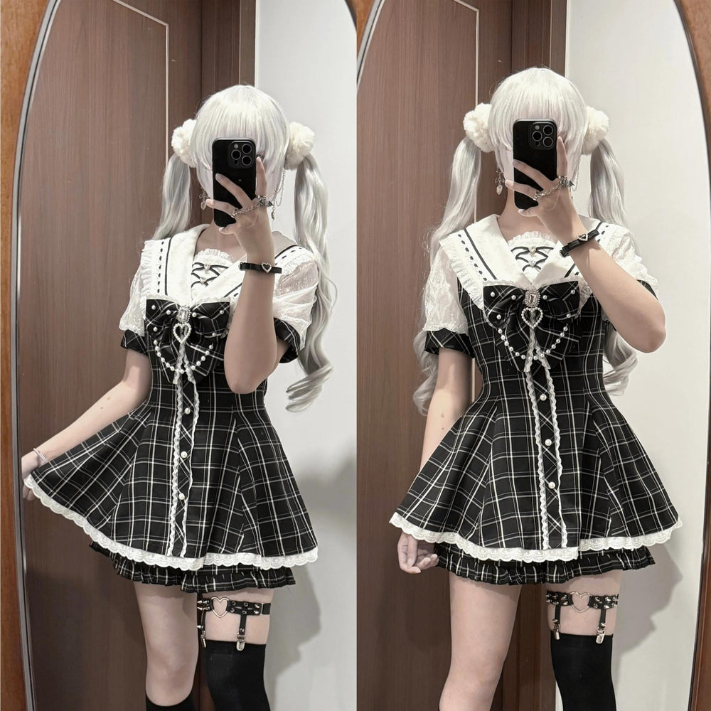 Jirai Kei Dress With Pearl Chain And Big Rhinestone Bow Tie 42813:764866
