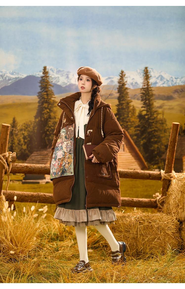 Mori Kei Winter Coat Brown Retro Corduroy Hooded Down Jacket 40902:696728