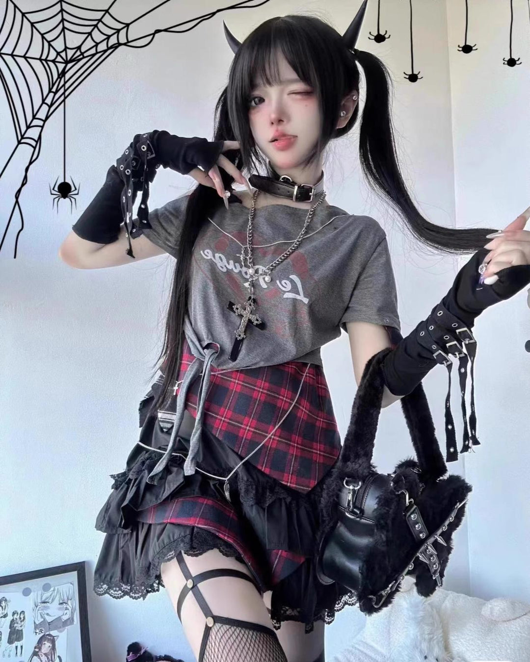 Gyaru T-shirt Punk Off-shoulder T-shirt Short-cut Top 41936:723082