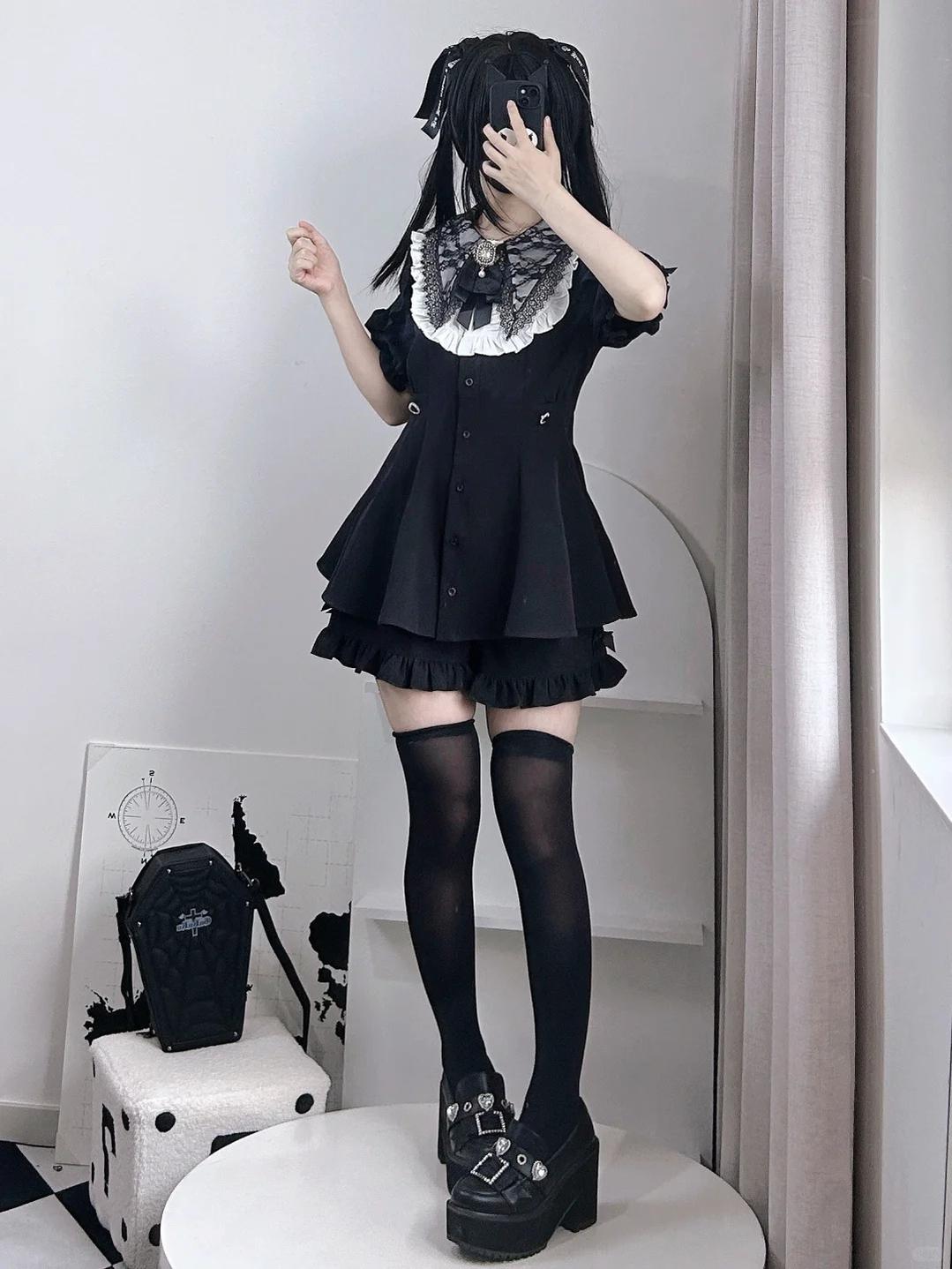 Jirai Kei Dress Set With Puritan Collar And Lace Trim Multicolor