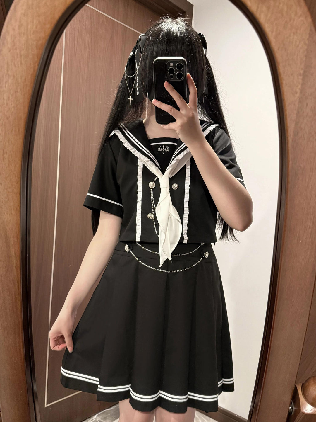 Black & White Sailor Top and Skirt Set Lace Trim JK School Uniform (2XL L M S XL XS) 43023:764186