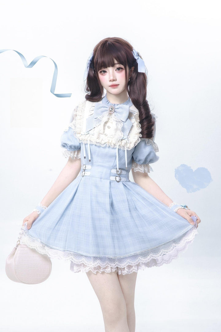 Water Blue Jirai Kei Dress with Box Pleated Skirt And Square Rhinestone (L M S XL) 42704:750876