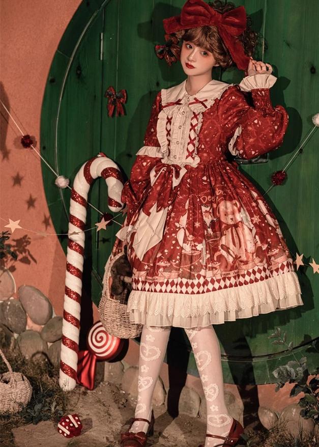 Sweet Lolita Dress Red OP And Bear Ear Cape Set For Christmas 40302:665782