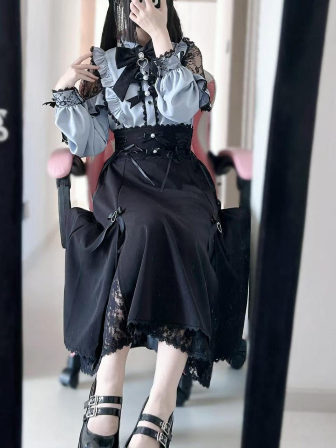 Lace Cut-Out Jirai Kei Blouse + Black Long High-Waist Lace-Up Skirt 41720:723966