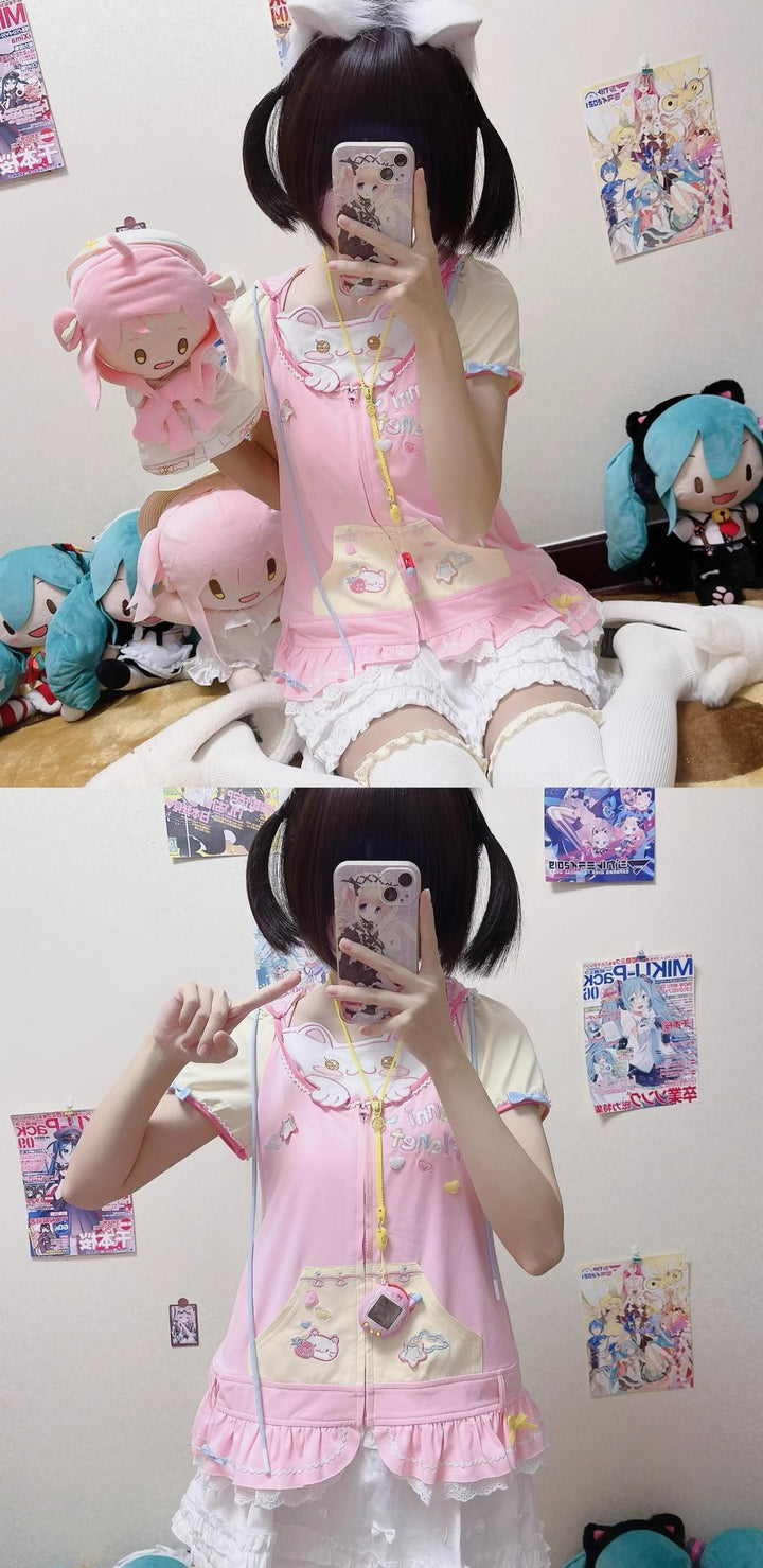 Kawaii T-shirt With Cat Ear Hood and Detachable Collar Flap 43031:765051