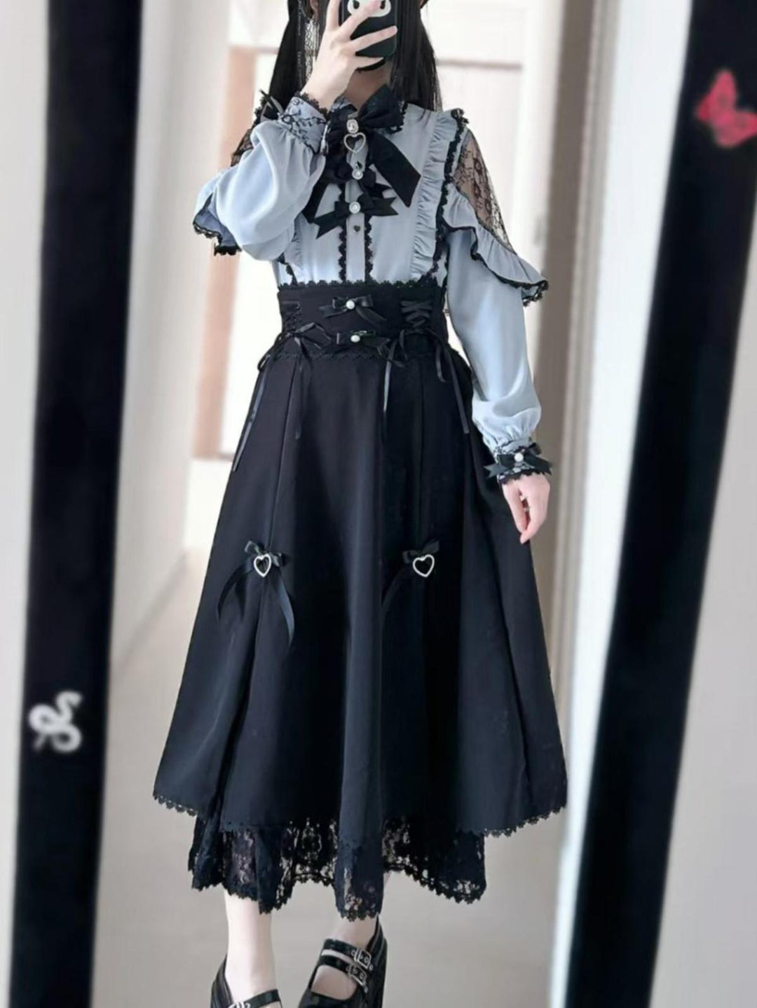 Lace Cut-Out Jirai Kei Blouse + Black Long High-Waist Lace-Up Skirt 41720:723982