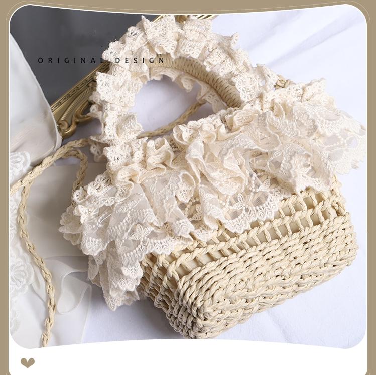 Mori Kei Bag Cottagecore Beach Knitted Bag With Lace (Apricot) 36440:522602