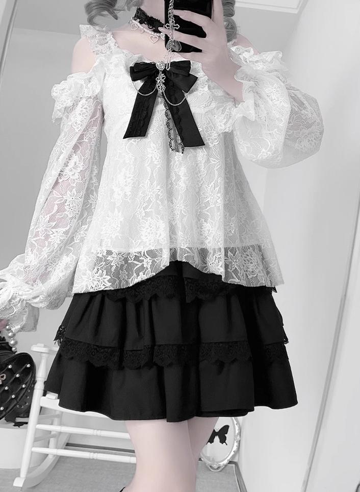 Lightweight Lace Jirai Kei Blouse With Lining & Tiered Skirt 43298:772887