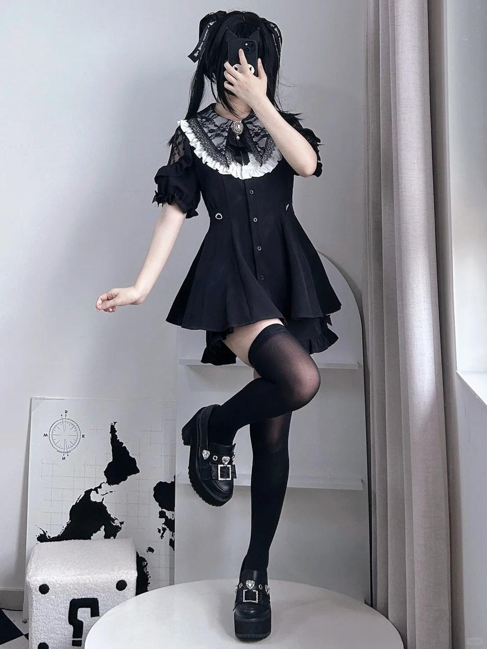 Jirai Kei Dress Set With Puritan Collar And Lace Trim Multicolor 37842:762152