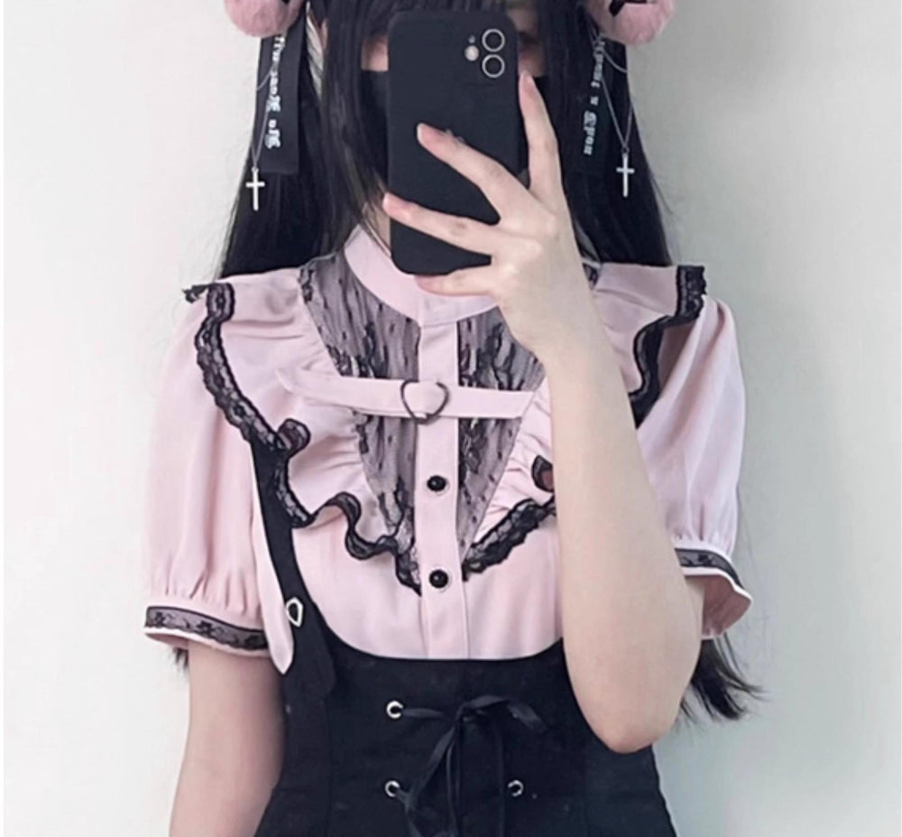 Jirai Kei Bi-color Blouse, Suspender Skirt Set (L M S XL) 21976:365210