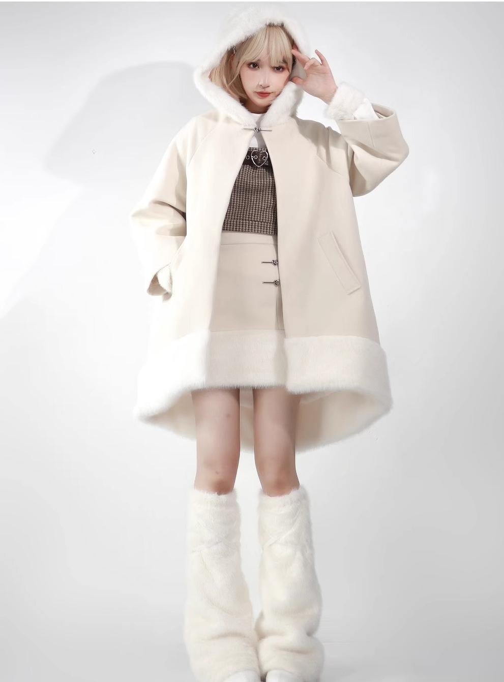 Kawaii Beige Woolen Coat and Skirt Winter Outfits 28920:356852