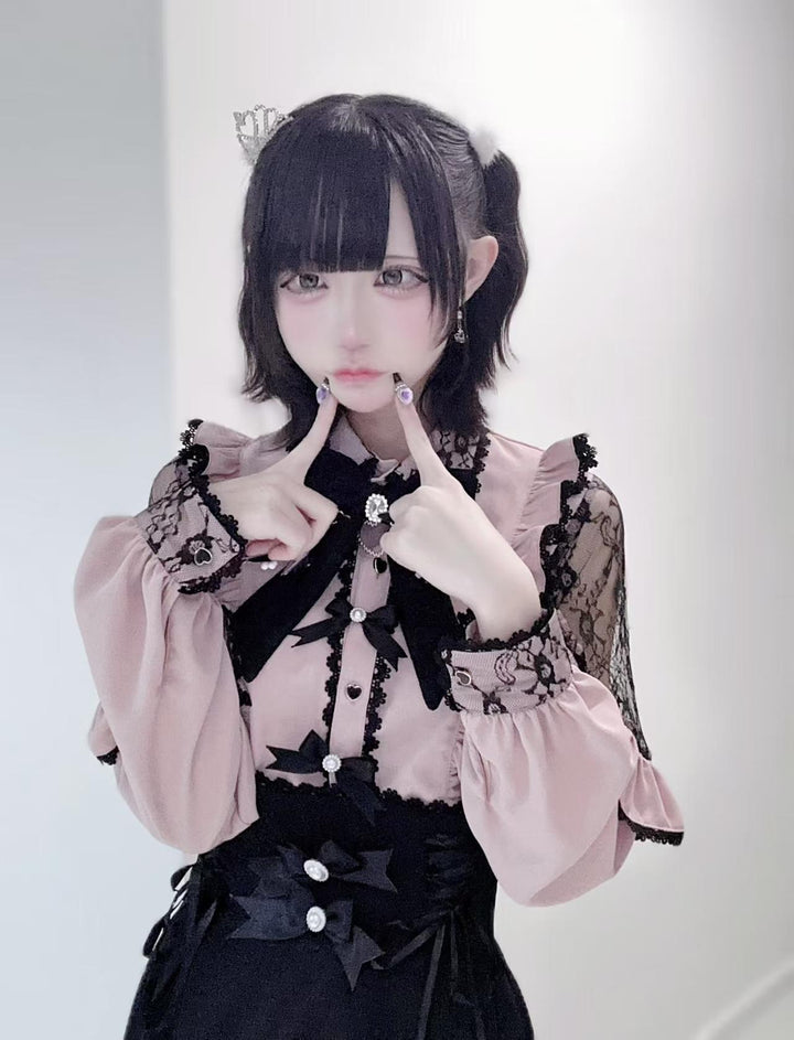 Lace Cut-Out Jirai Kei Blouse + Black Long High-Waist Lace-Up Skirt (2XL L M S XL) 41720:723976