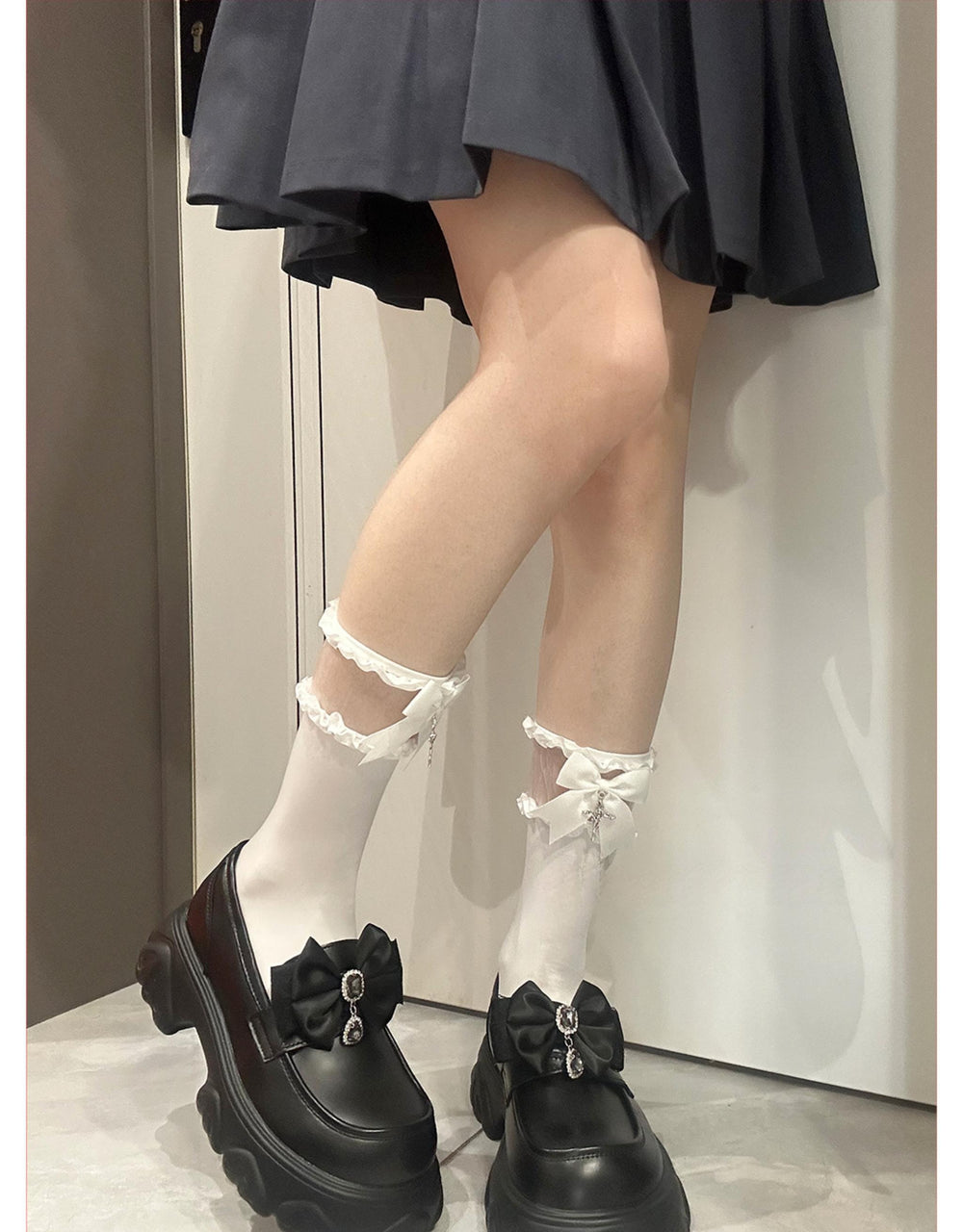 Jirai Kei Cross Knee-High Socks Rose Redemption Bow 21562:751042