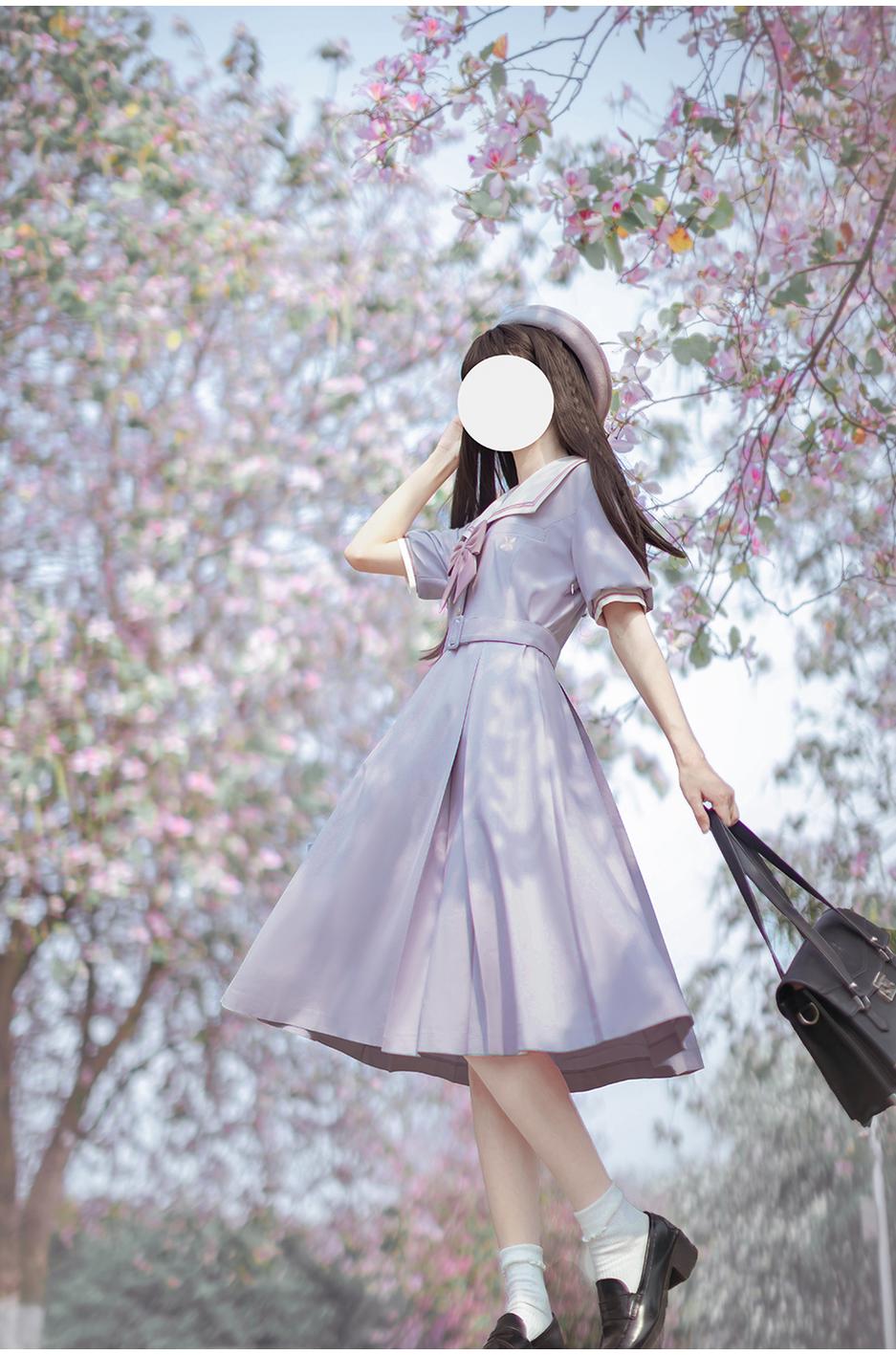 Light Purple JK Uniform Dress | Sailor Collar And Puffy Sleeves 42439:745376