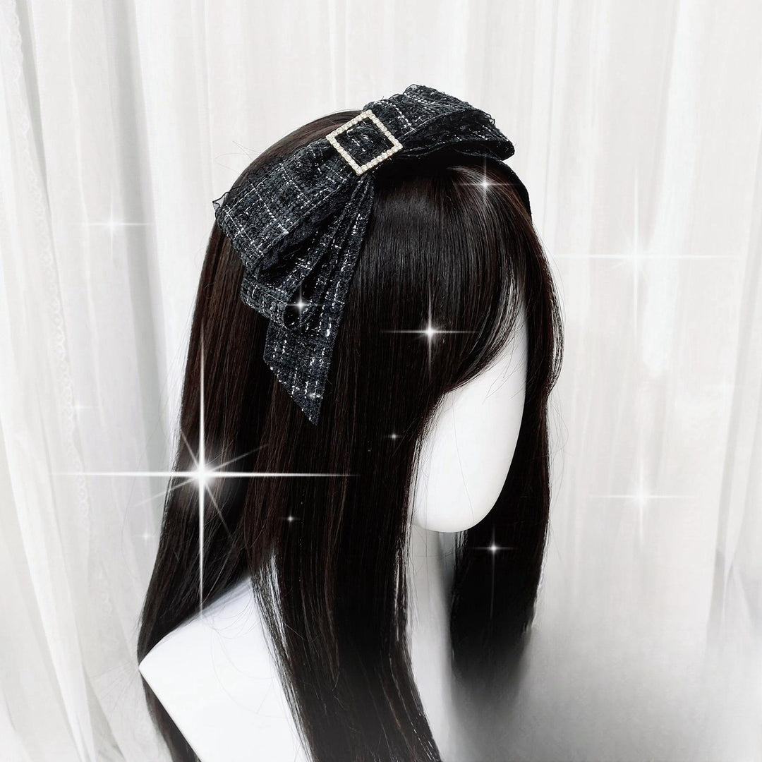 Jirai Kei Headband with Double-Layered Bow and Rhinestone 42323:740854