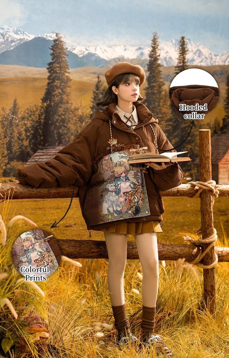 Mori Kei Winter Coat Brown Retro Corduroy Hooded Down Jacket 40902:696772