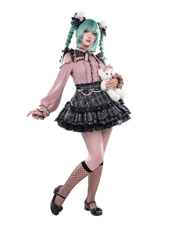 Pink Jirai Kei Ruffle Blouse | Black Plaid Skirt | Cosplay Accessory (L M S XL / petticoat) 42602:746991