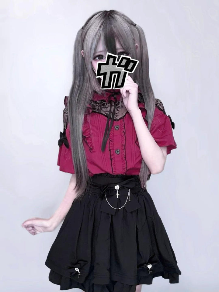 Lace Shoulder Jirai Kei Blouse + High Waist Skirt, Cross Pendant 35596:763613