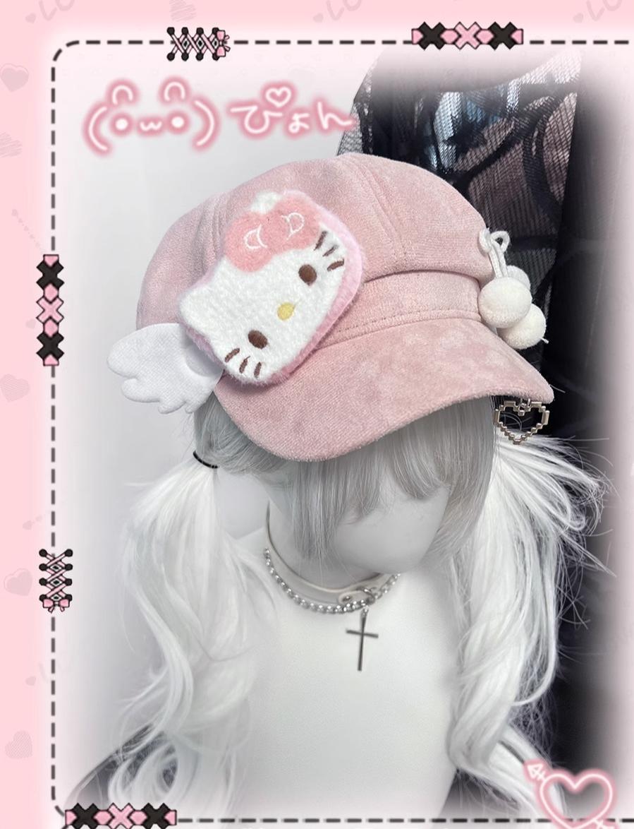 Kawaii Pink Beret with Cat Wings and Heart-shaped Pendant 42643:748487