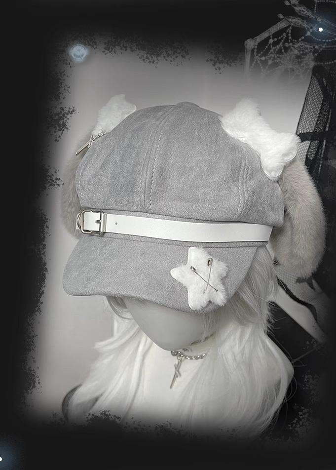 Yami Kawaii Grey Beret with Dog Ears and Bone Plush Accent 42644:749466