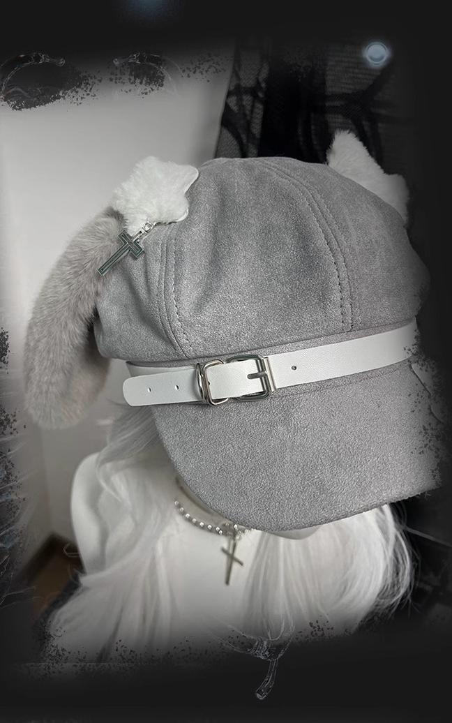 Yami Kawaii Grey Beret with Dog Ears and Bone Plush Accent 42644:749467