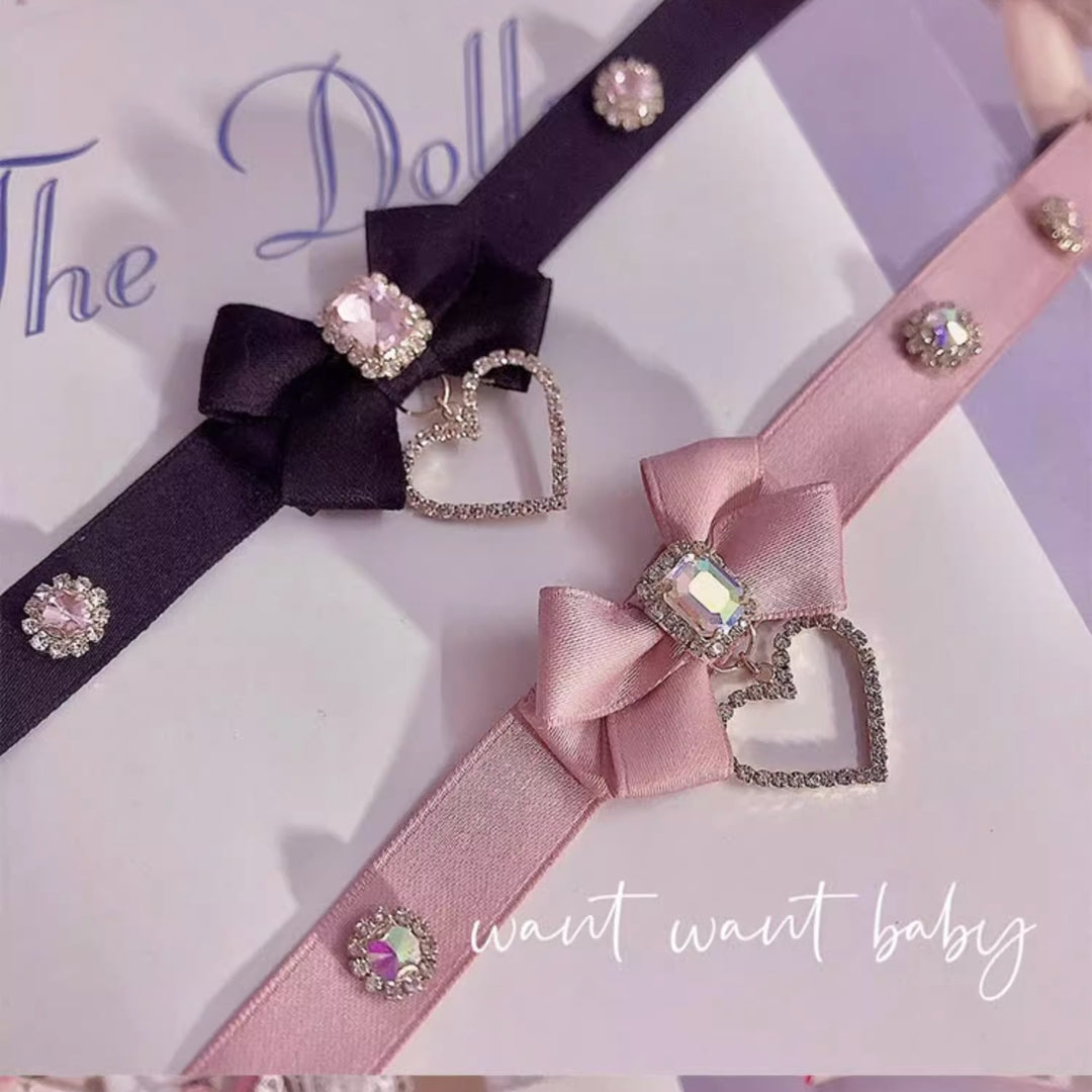 Pink Black Jirai Kei Necklace Choker With Bow And Rhinestone 21762:313098