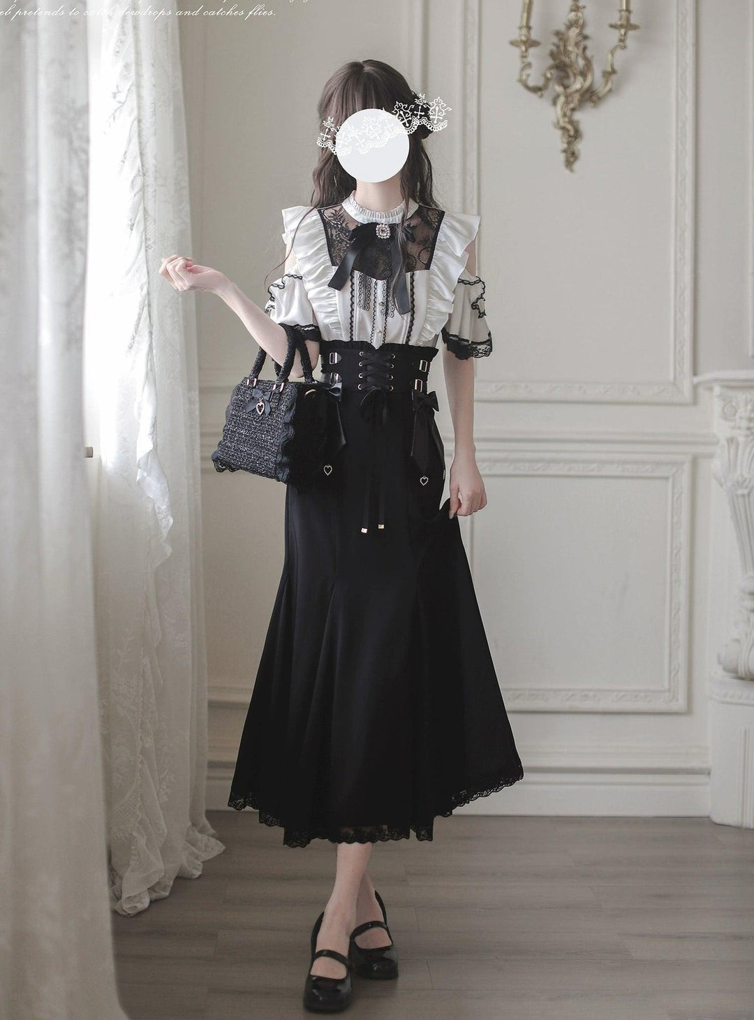 Ankle-length Jirai Kei Mermaid Skirt, Lace Detailed Blouse 43112:776031