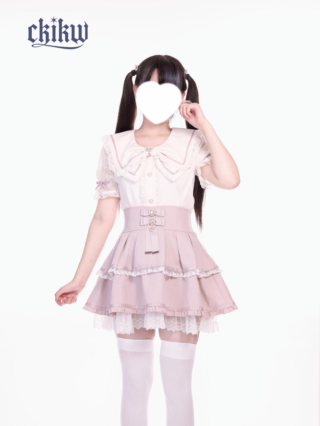 Lace Collar Ryousangata Blouse, Rhinestone Crown Brooch (L M S) 43505:778068